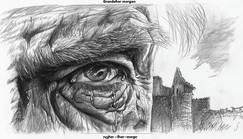 Schwarz-Weiß-Illustration eines weinenden Auges im extremen Nahbereich mit einer steinernen Ruine im Hintergrund.