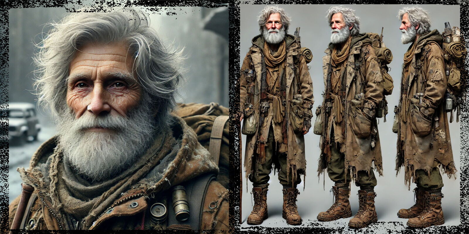 KI generiertes Konzeptbild vom Portrait und des Outfits vom Großvater aus SOLACE.