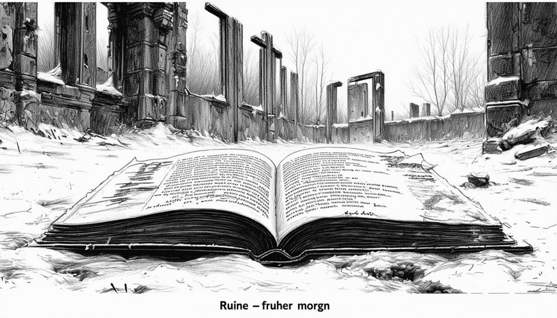 Schwarz-Weiß-Illustration eines aufgeschlagenen Buches, das verlassen im Schnee inmitten einer steinernen Ruine mit hohen Säulen und Torbögen liegt.