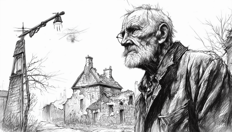 Schwarz-Weiß-Illustration eines älteren Mannes mit Brille und Bart vor einer Kulisse aus Hausruinen und einem hölzernen Glockenturm.