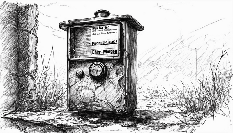 Schwarz-Weiß-Illustration einer alten, beschädigten technischen Warnstation in einer kargen Ruinenlandschaft.