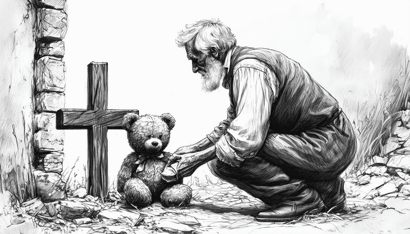 Schwarz-Weiß-Illustration eines älteren, bärtigen Mannes, der behutsam einen Teddybären neben ein einfaches Holzkreuz an einer Steinmauer ablegt.