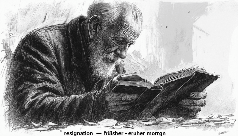 Schwarz-Weiß-Illustration eines älteren Mannes mit weißem Bart, der konzentriert in einem großen Buch liest.