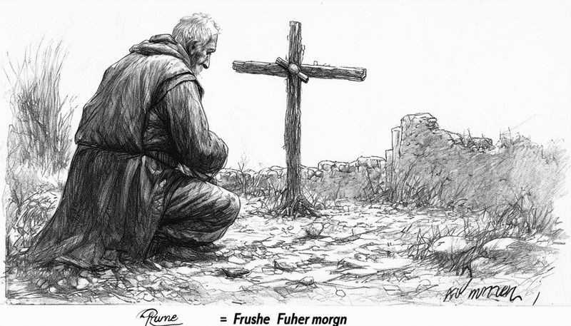 Schwarz-Weiß-Illustration eines Mannes in einem langen Mantel, der andächtig vor einem einfachen Holzkreuz in einer steinigen Ruinenlandschaft kniet.