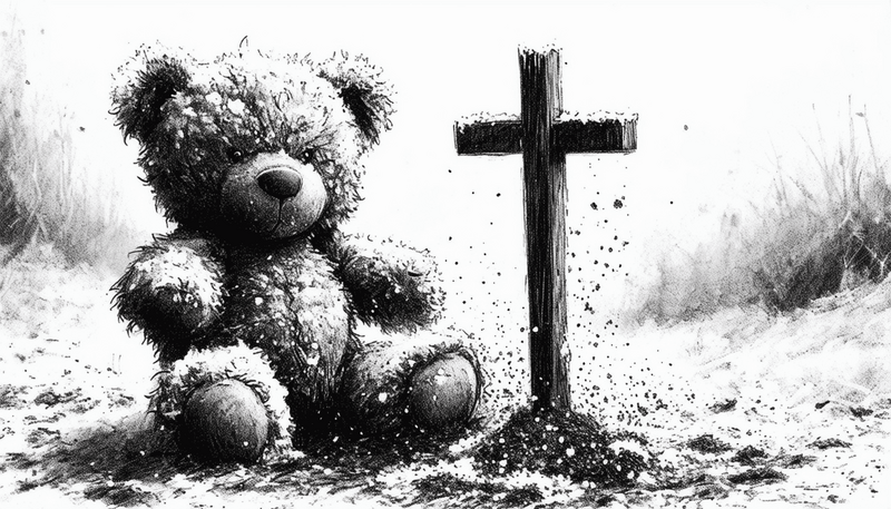 Schwarz-Weiß-Illustration eines Teddybären, der neben einem kleinen Holzkreuz auf einem Grab sitzt.